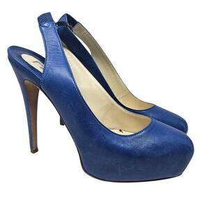 Brian Atwood 37 Blue Leather Platform Slingback Debra Heels Italy Stiletto Glam